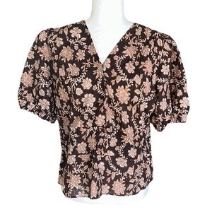 Derek Lam 10 Crosby Rhea Brown Linen Floral Print Puff Sleeve Crop Blouse - L